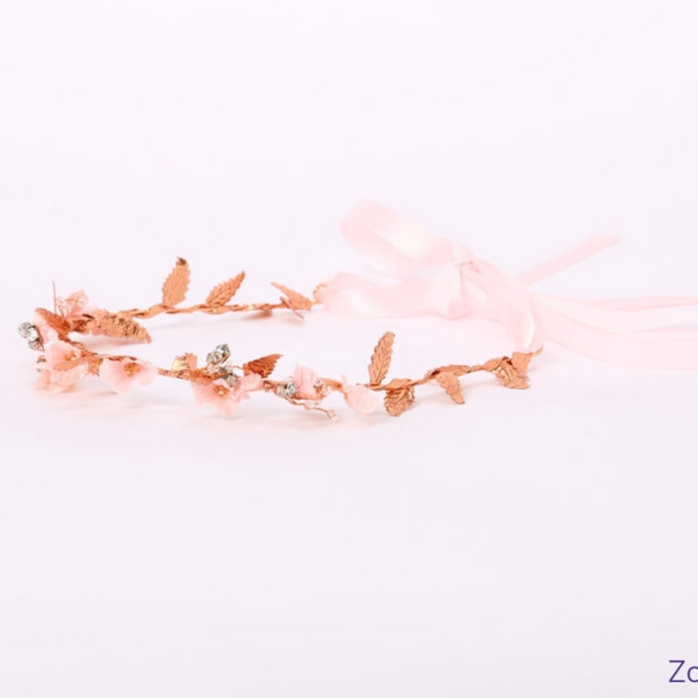 ROSE GOLD METALLIC FLOWER CROWN TIE HEADWRAP - PINK